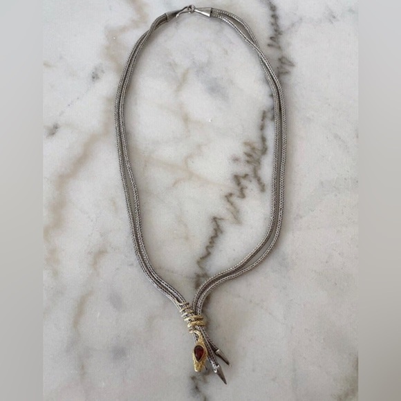 Handcrafted Bali Spiral Snake Necklace-Sterling Silver, Garnet & 22K Gold Accent - Picture 5 of 9